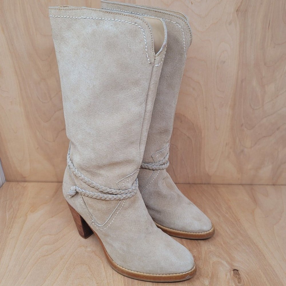 Chandra Womens Boots‎ Size 5.5 Beige Faux Suede Mid Calf Heeled Casual Dress